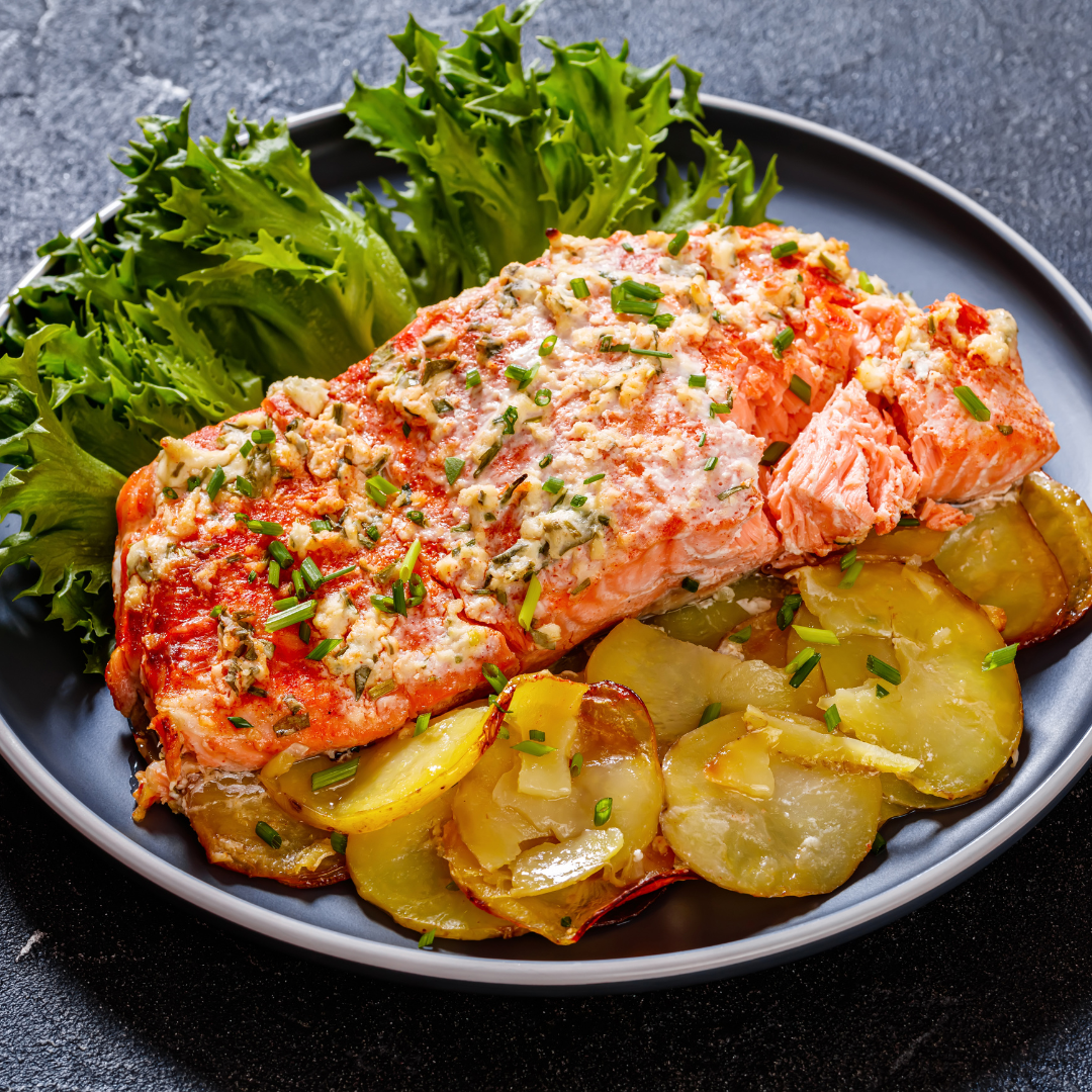 Roasted Salmon with Creamy Ranch Dip, Roasted Potatoes