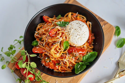 Spaghetti with Charred Tomato and Burrata
