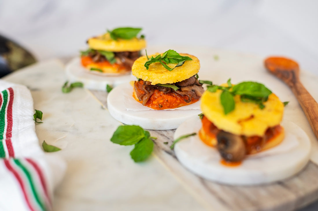 Polenta Cakes with Caramelized Onions & Mushrooms