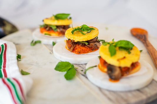 Polenta Cakes with Caramelized Onions & Mushrooms