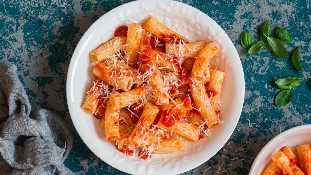 Rigatoni with Romesco Sauce and Fresh Basil