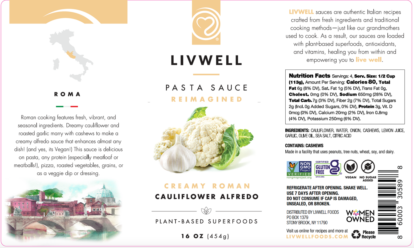 Roman Cauliflower Vegan Alfredo Pasta Sauce (Dairy-Free)- 6 pack