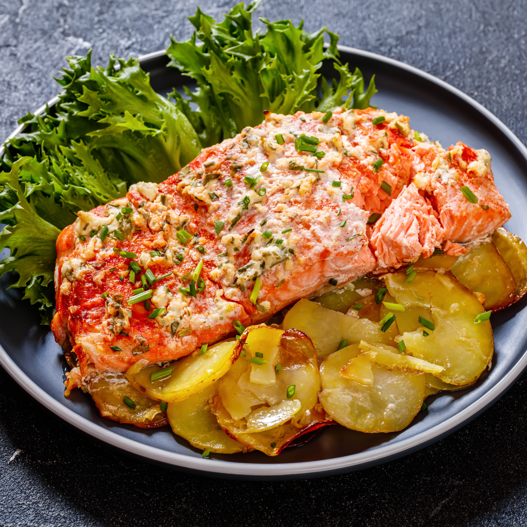 Roasted Salmon with Creamy Ranch Dip,  Roasted Potatoes