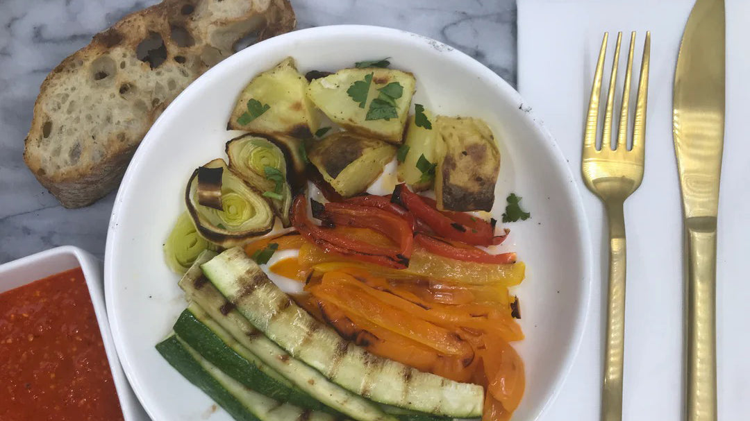 Grilled Vegetables and Crostini with Romesco Sauce