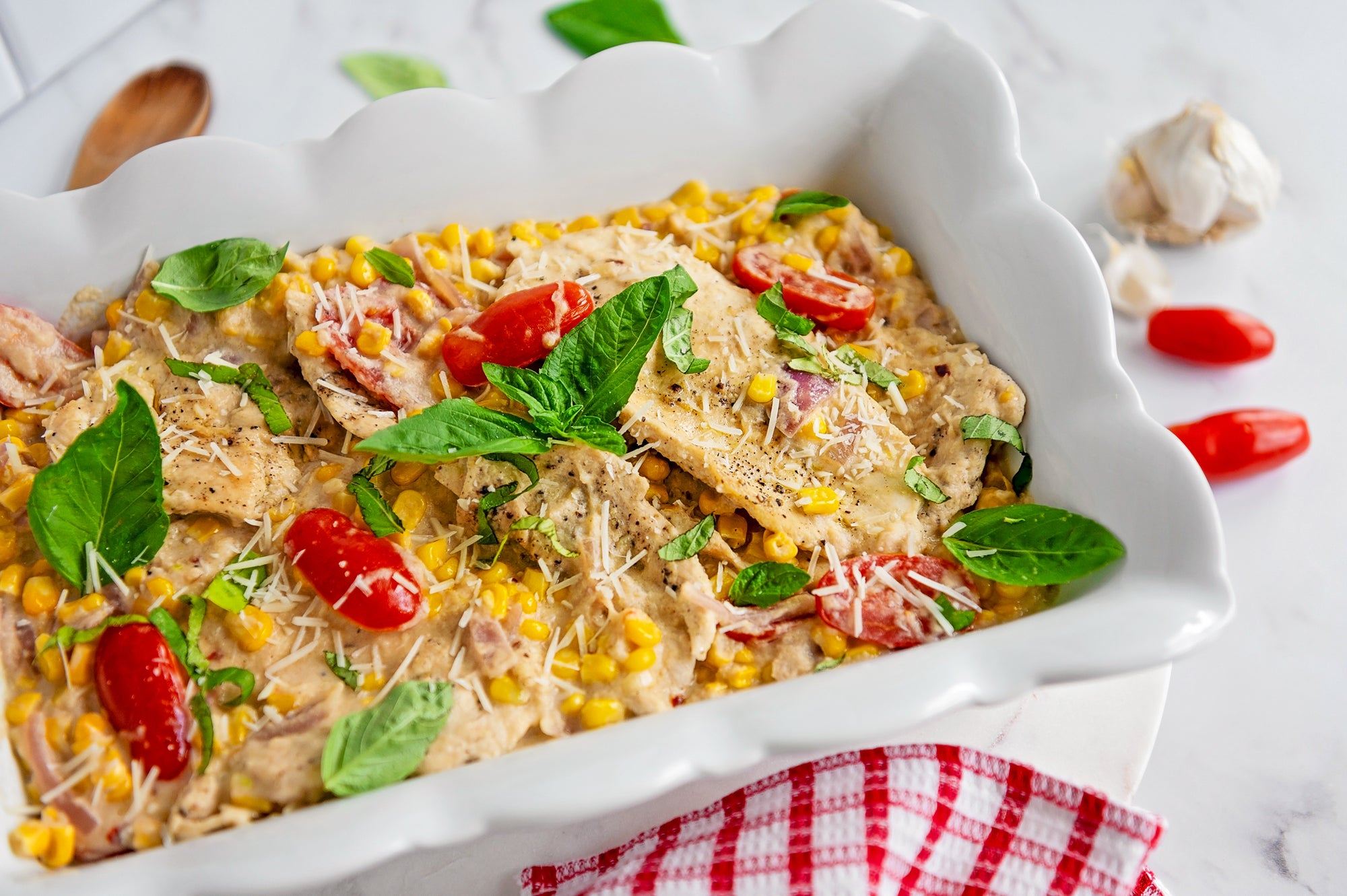 Creamy Basil Chicken Skillet with Corn and Tomato