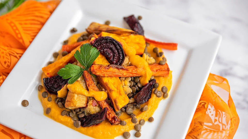 Roasted Root Vegetables with Lentils and Butternut Sauce