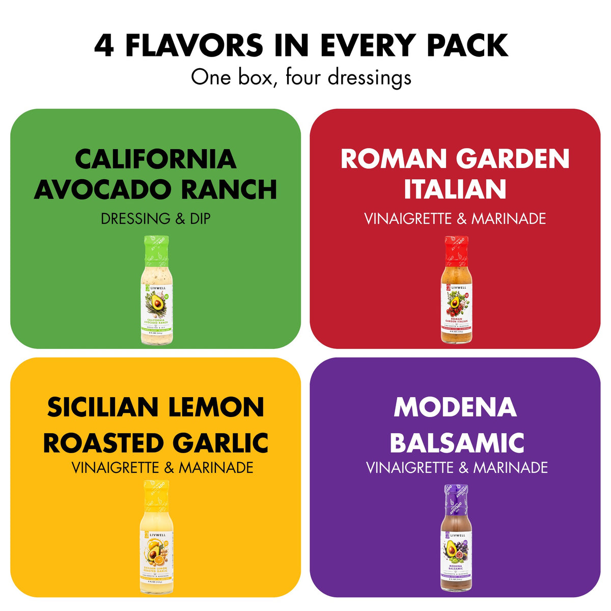 4 flavors in every LIVWELL variety pack