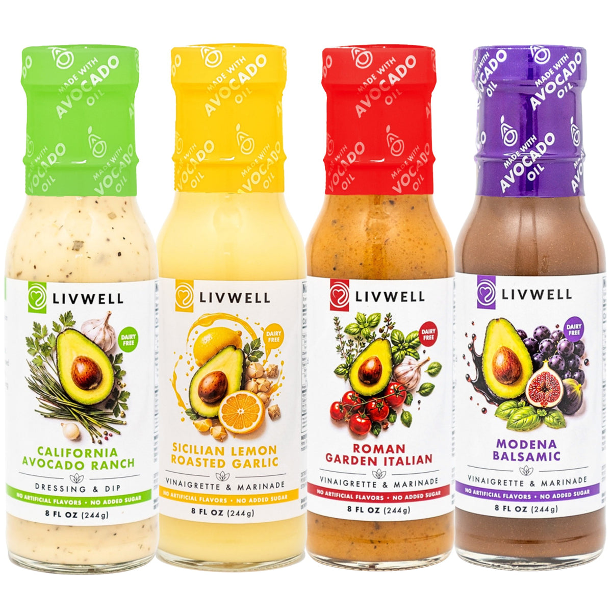 LIVWELL Dressing Variety 4-Pack: California Avocado Ranch, Roman Garden Italian, Sicilian Lemon Roasted Garlic, Modena Balsamic